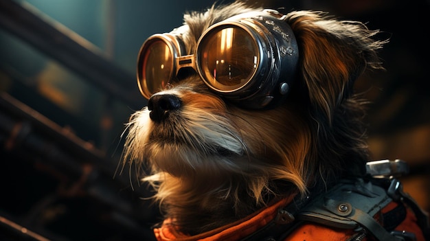 A dog wearing goggles and vest