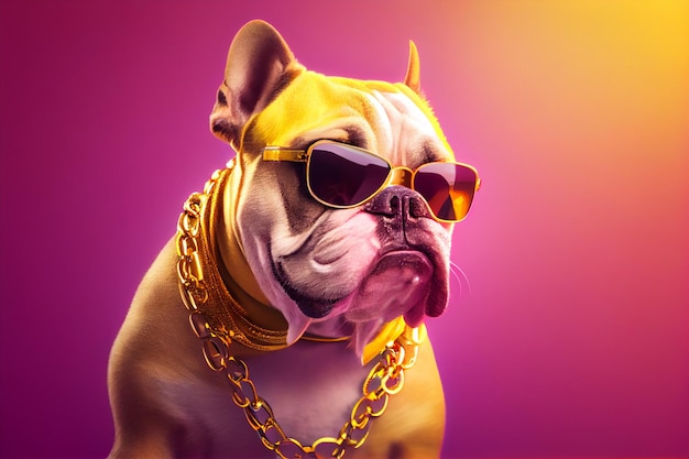 A dog wearing a gold chain and sunglasses