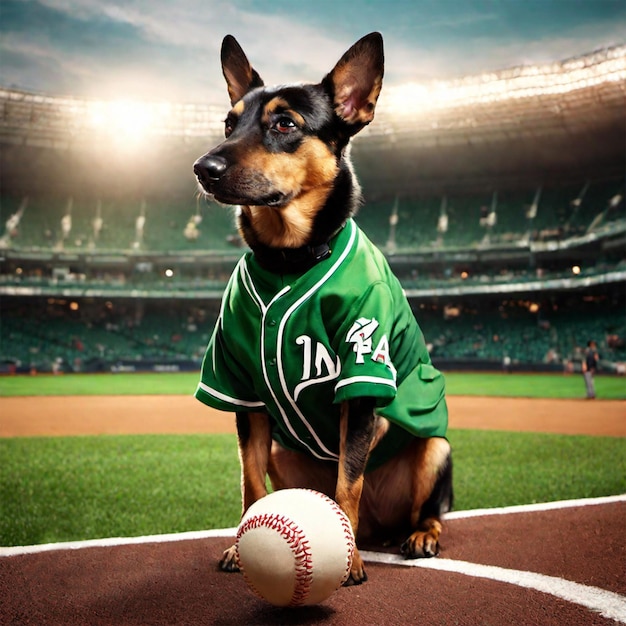 a dog wearing green baseball jersey in a stadium with a ball