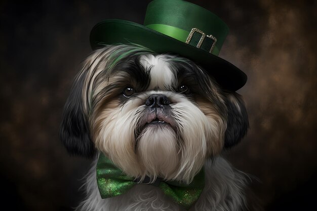 A dog wearing a green hat and a green bow tie