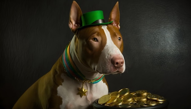 A dog wearing a green hat sits next to a plate of gold coins.