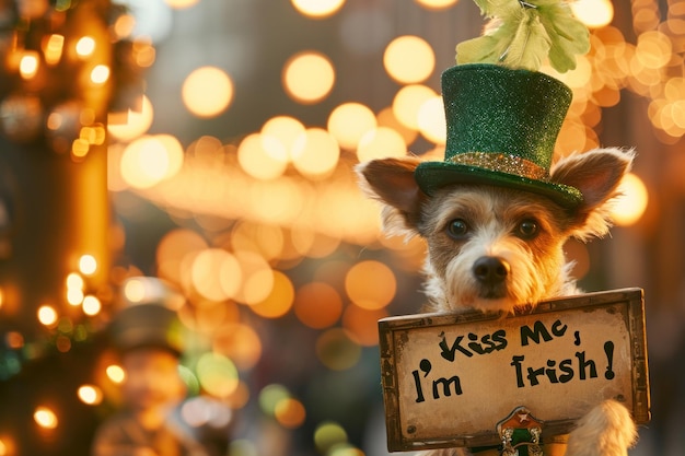 緑の帽子をかぶった犬にキス・ミー・イム・アイルランド・アイと書かれています