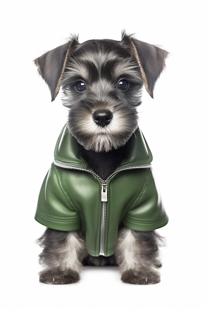 A dog wearing a green jacket that says'schnauzer'on it