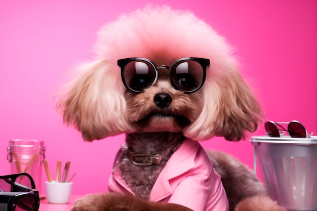 Dog wearing hair salon glasses grooming dog care pink background