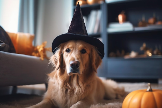 Dog wearing halloween witch hat ai generative