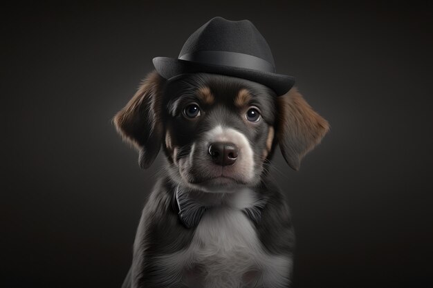 A dog wearing a hat and a bow tie is posing for a photo