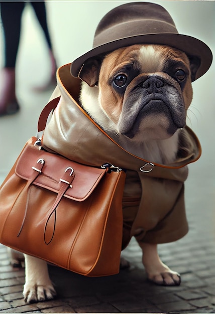 A dog wearing a hat and a brown jacket is standing on the street.