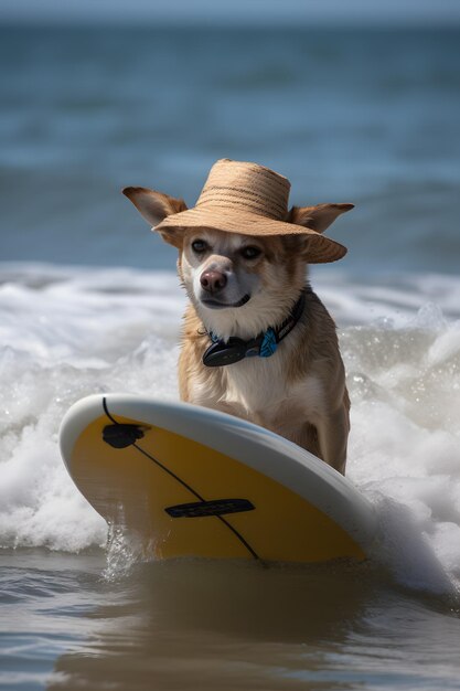 A dog wearing a hat and a hat rides a surfboard.