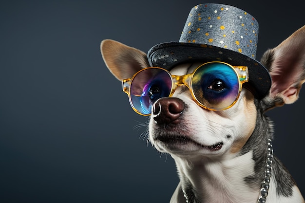 A dog wearing a hat and a hat with the word dog on it