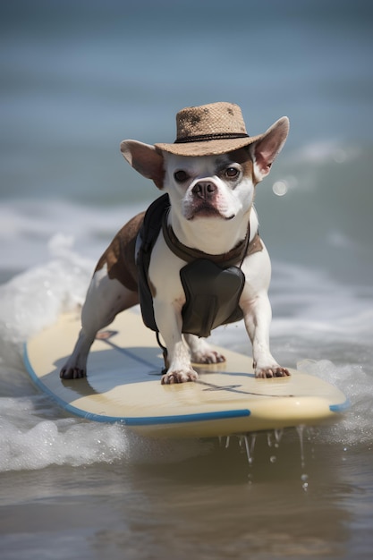 帽子をかぶった犬が海でサーフボードに乗っています。