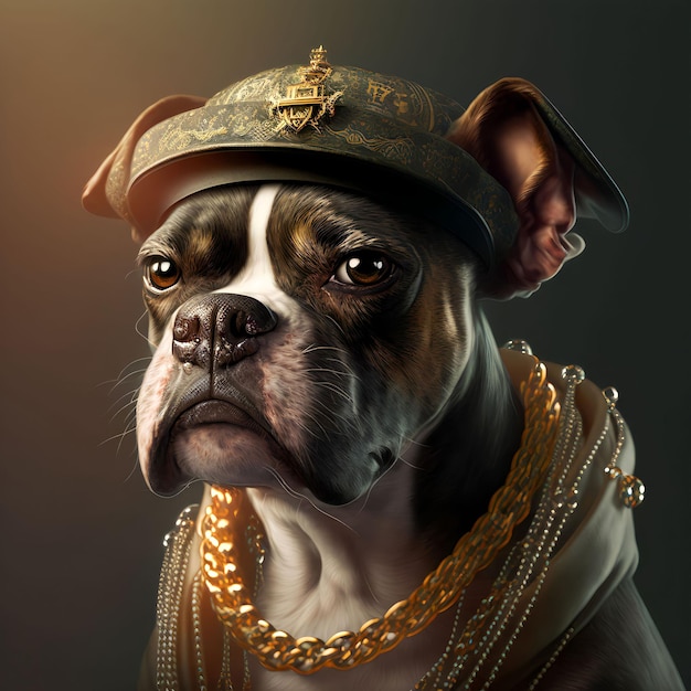 A dog wearing a hat and a necklace with the word " army " on it.