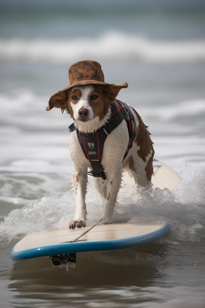 Foto un cane che indossa un cappello cavalca una tavola da surf nell'oceano.