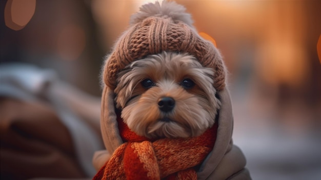 A dog wearing a hat and scarf sits in front of a fire.