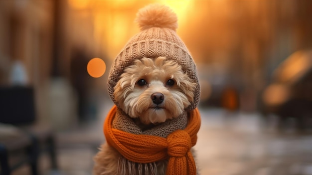 A dog wearing a hat and scarf sits in a park.