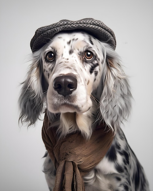 A dog wearing a hat and scarf with the word dog on it