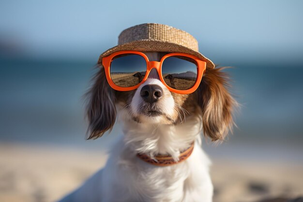 A dog wearing a hat and sunglasses on the beach Summer vacation with pets