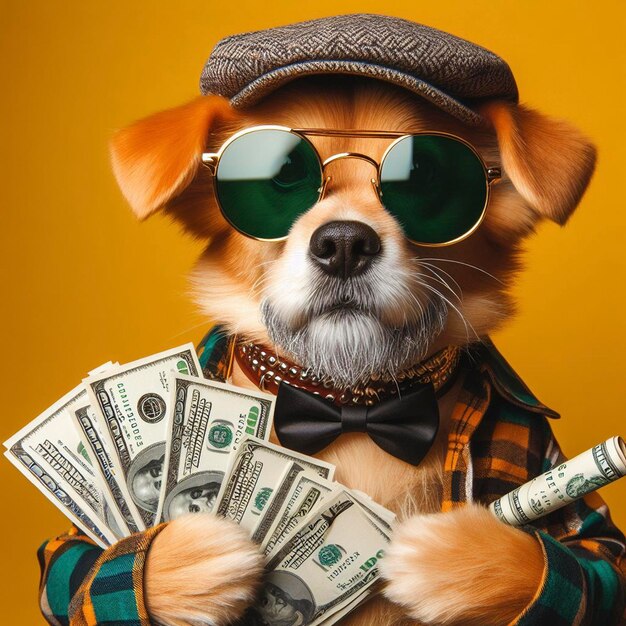 a dog wearing a hat and sunglasses holds a stack of money with a pair of sunglasses