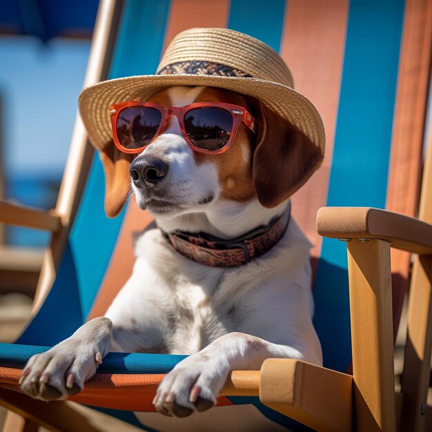 A dog wearing a hat and sunglasses sits in a beach chair.