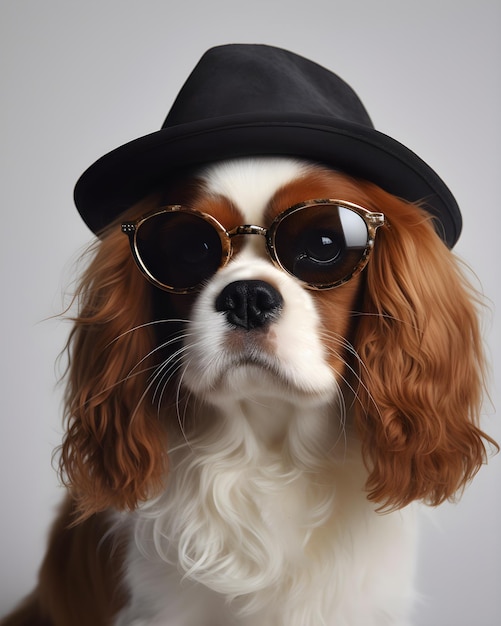 모자와 선글라스를 쓴 강아지.