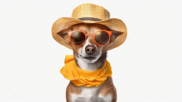 A dog wearing a hat and sunglasses