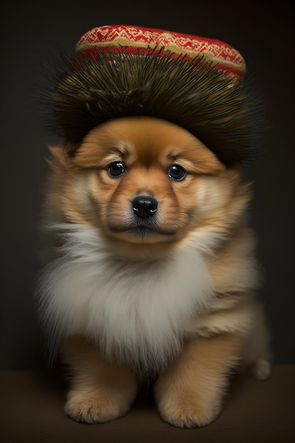 '나는 개를 사랑해'라고 적힌 모자를 쓴 강아지