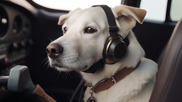 Photo a dog wearing headphones in a car