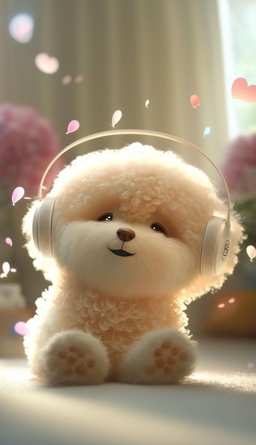 A dog wearing headphones with the word poodle on it