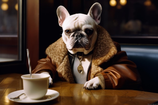 写真 ジャケットとネクタイを着た犬がテーブルに座っている 生成的なai