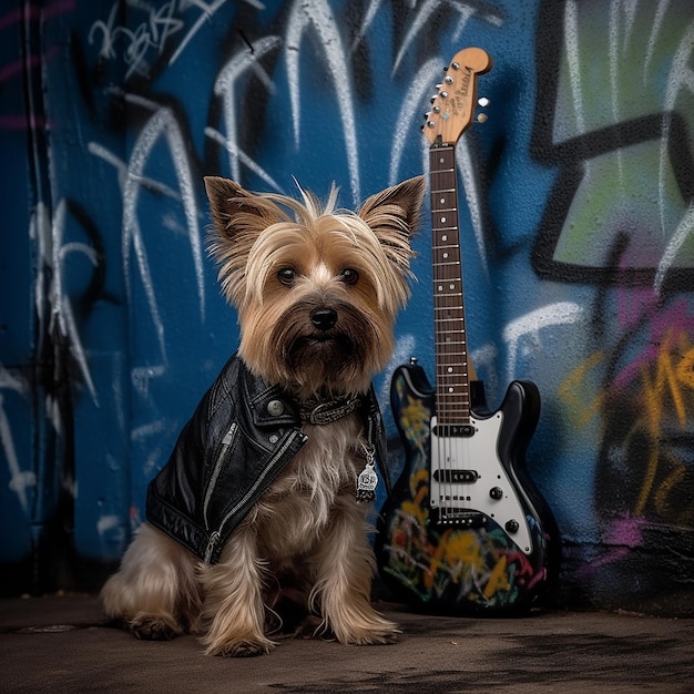 A dog wearing a leather jacket stands next to a guitar.