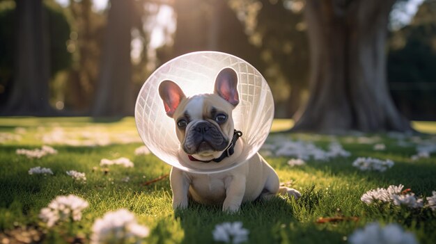 Dog wearing a medical collar outdoors