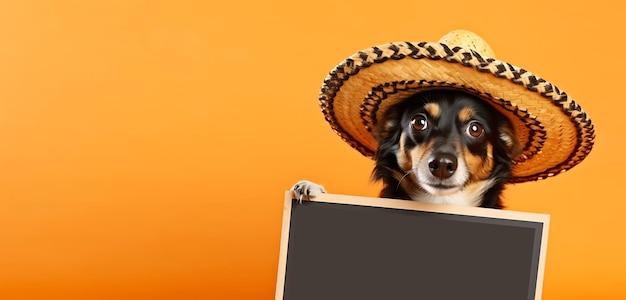 dog wearing a mexican hat and looking over a white sign