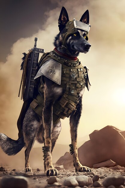 dog wearing military helmet