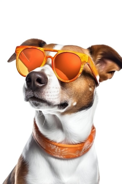 A dog wearing orange sunglasses and a orange collar.