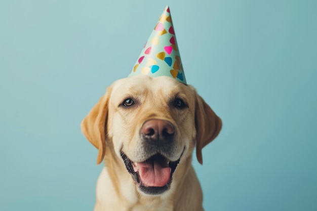 青い背景にパーティー帽子をかぶった犬