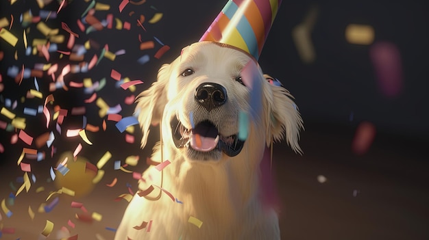 Dog wearing party hat digital art illustration Generative AI