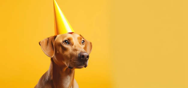 A dog wearing a party hat is wearing a yellow party hat