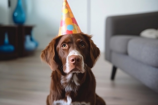 거실에서 파티 모자를 쓰고 있는 강아지 생일 모자를 쓴 갈색 래브라도 리트리버