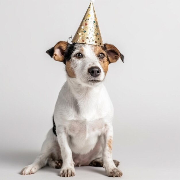 A dog wearing a party hat sits on a white surface.