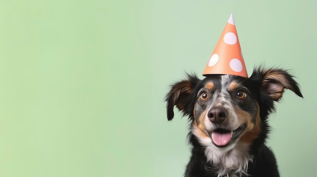 A dog wearing a party hat that says'happy birthday'on it