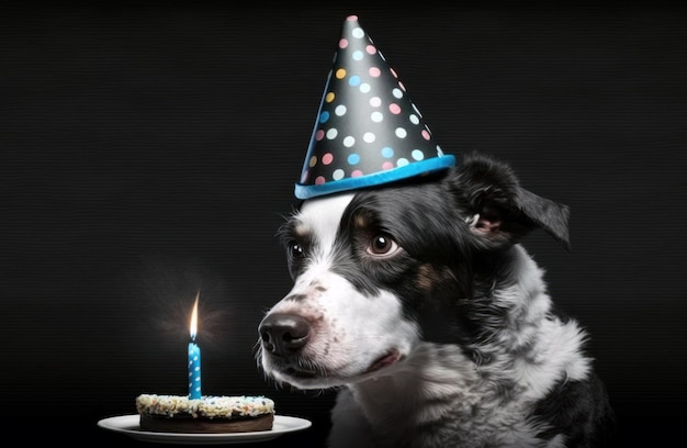 A dog wearing a party hat with a candle on it