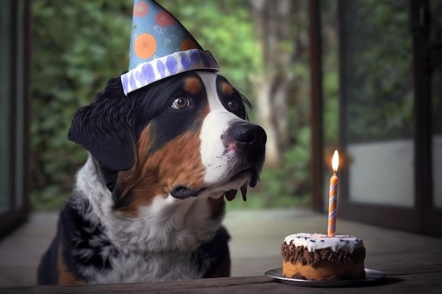 A dog wearing a party hat with a lit candle is looking at a cake.