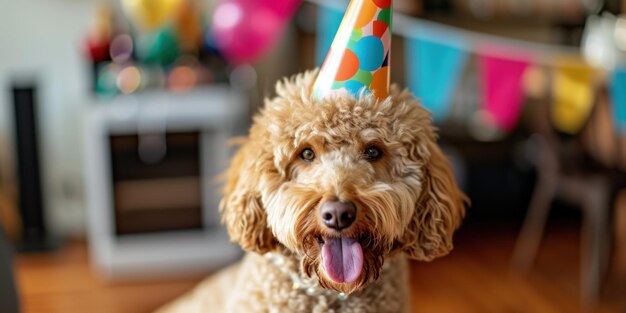 Dog Wearing Party Hat With Tongue Out