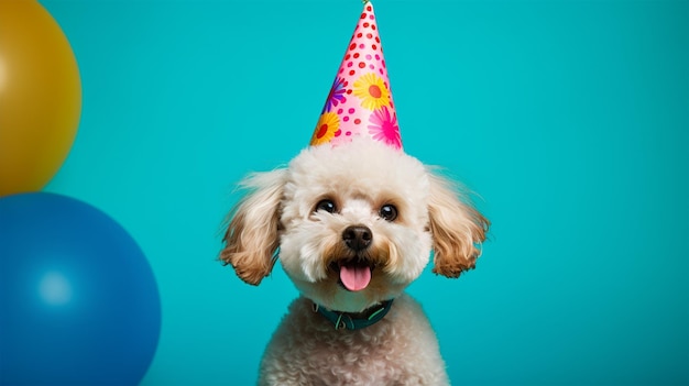 a dog wearing party hat