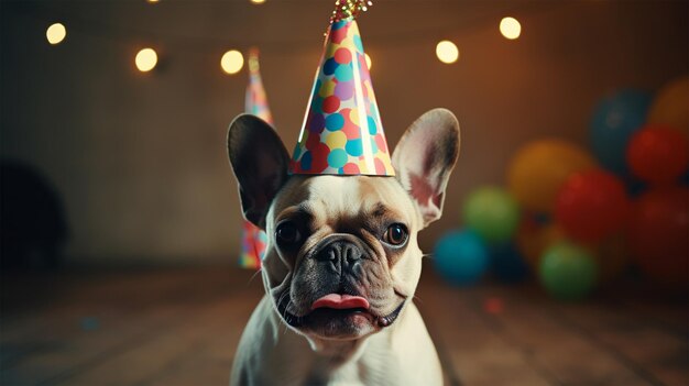 a dog wearing party hat