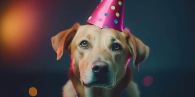 A dog wearing a party hat