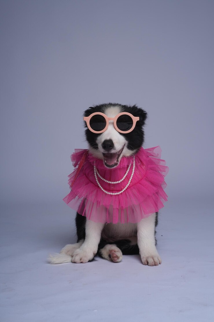 a dog wearing a pink dress and sunglasses sits on a blue background