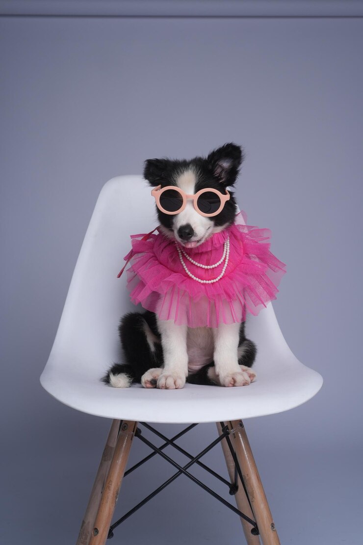 a dog wearing a pink dress and sunglasses sits in a chair