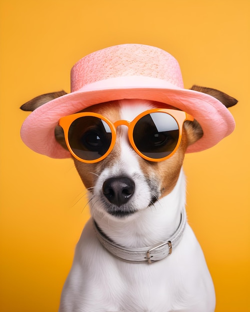 A dog wearing a pink hat and sunglasses.