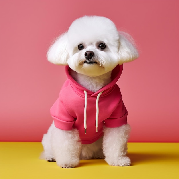 a dog wearing a pink hoodie with a zipper on it