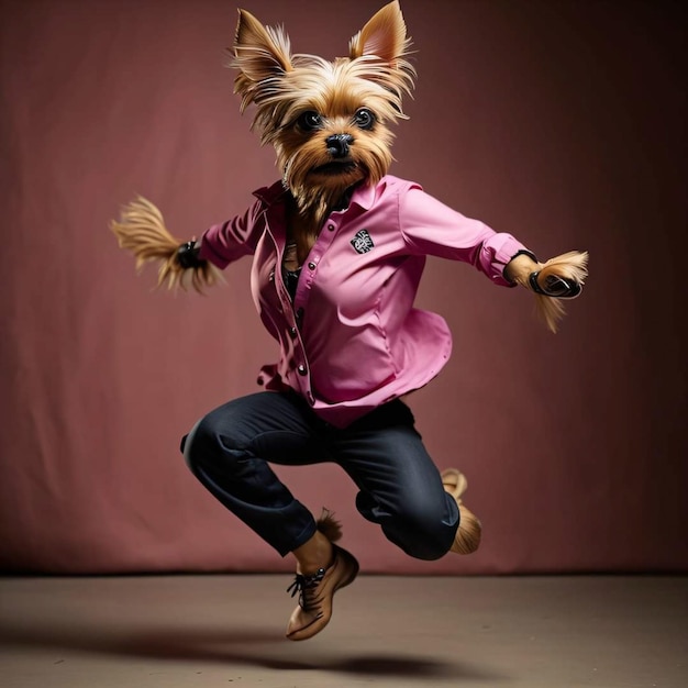 A dog wearing a pink shirt and black pants jumps in the air.
